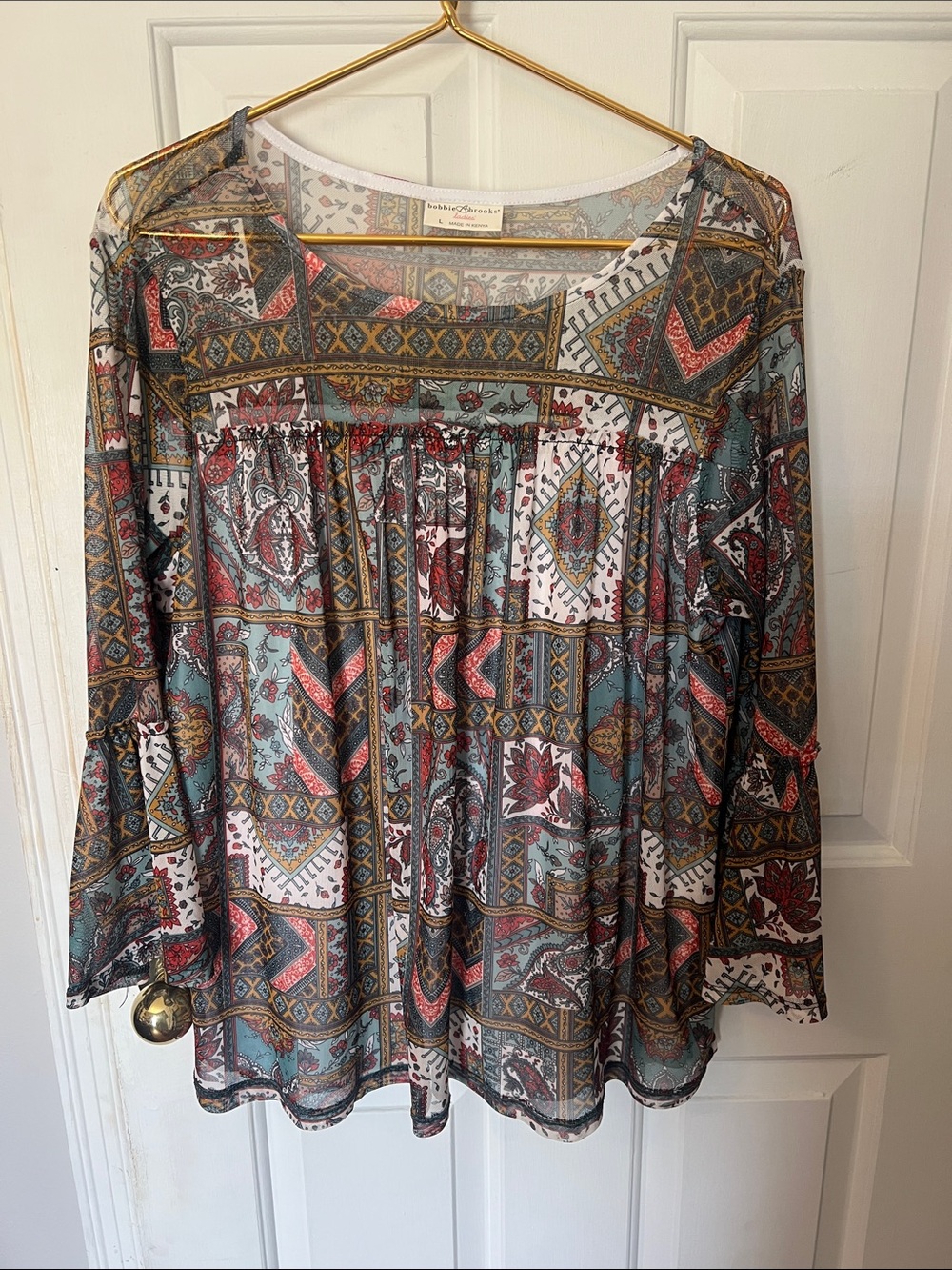 Bobbie Brooks Printed Patchwork Blouse in Teal, Rust & White